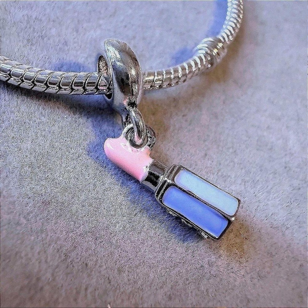 Lipstick Charm‎ Bead Dangle Pink Blue Enamel Crystal Silver Tone Bracelet